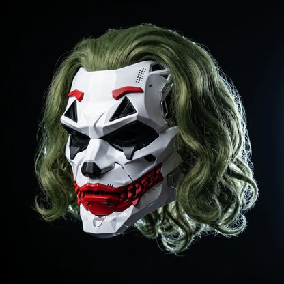 MaskVault Villain Mask, wavy green wig style, white shell with red grin plate, on black