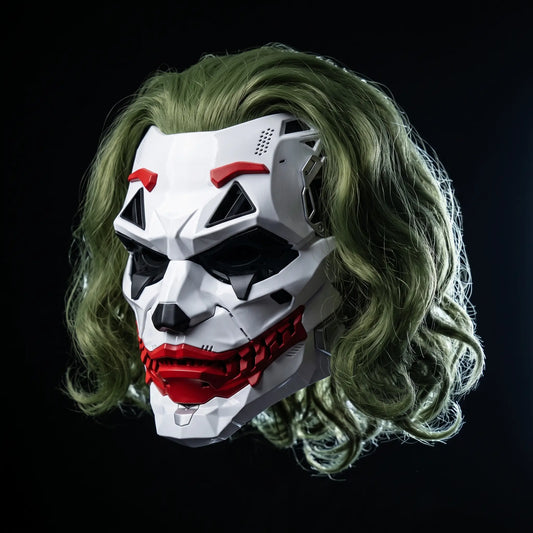 MaskVault Villain Mask, wavy green wig style, white shell with red grin plate, on black