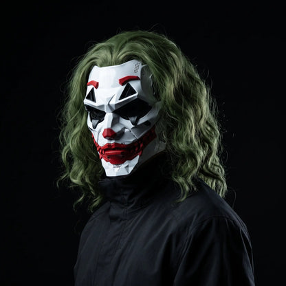 Man wearing the MaskVault Villain Mask with wavy green wig and black jacket